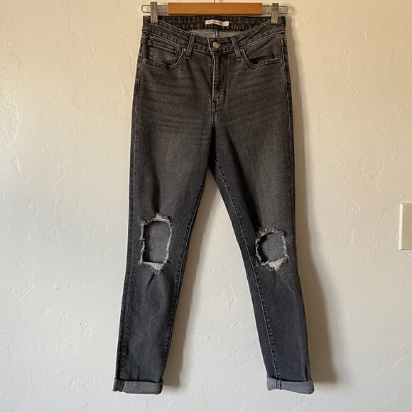 Levi’s 721 High Rise Skinny Distressed Split Knee Black Washed Jeans Size 27 - Picture 2 of 11
